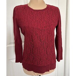 Ann Taylor Womens Burgundy Red Lace Pullover Sweater Top 3/4 Sleeve Size XS